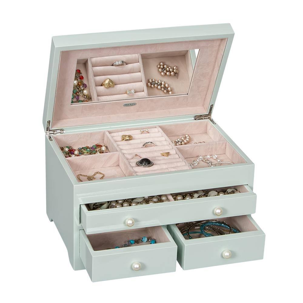 Seafoam Green Wooden Jewelry Box with Pearl Knobs