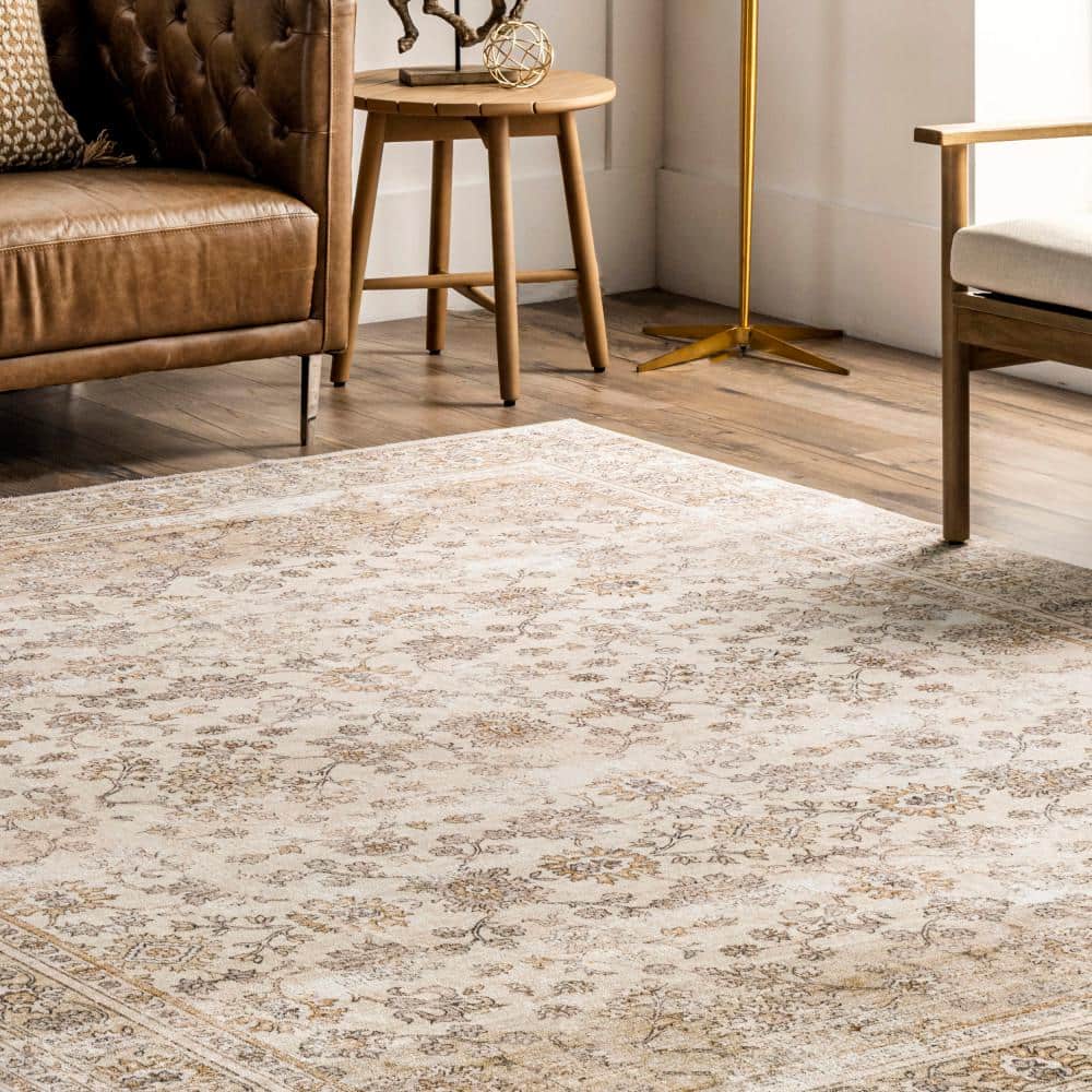 Deadra Beige Vintage Floral Machine Washable Area Rug