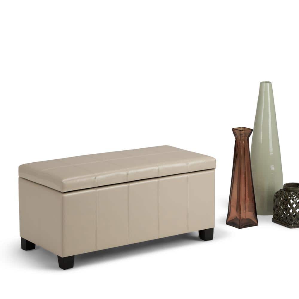 Satin Cream Faux Leather Rectangular Storage Bench Ottoman