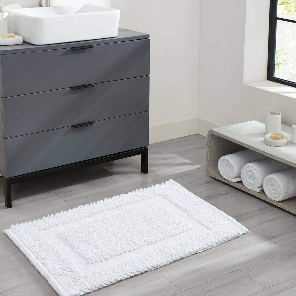 Sophie Border White Cotton Chenille Non-Slip Bath Mat 27" x 45"