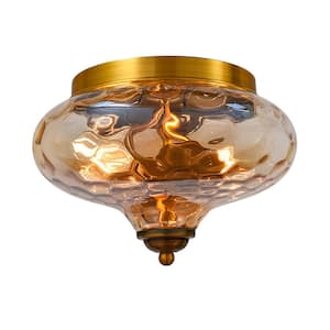 Lumin 9 in. 2-Light Gold Modern Flush Mount Round Hammered Glass Ceiling Light with Crystal Shade