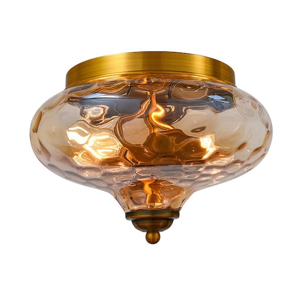 HUOKU Lumin 9 in. 2-Light Gold Modern Flush Mount Round Hammered Glass Ceiling Light with Crystal Shade