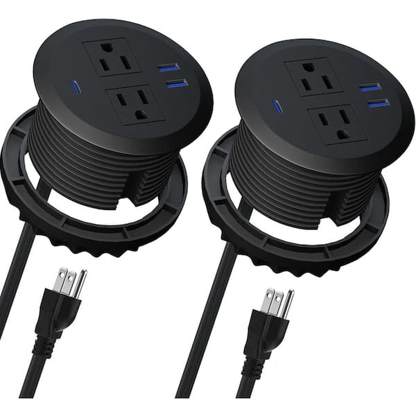 2PCS 6.56 ft 2-Outlet 2 USB-A Ports 1 USB-C Port Surge Protector with Fast Charging Flush Mount Power Grommet