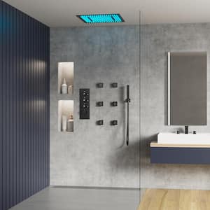 Thermostatic 7-Spray 20 in. Ceiling Mount Squre LED Mood Lighting Shower System in Matte Black(Valve Included)