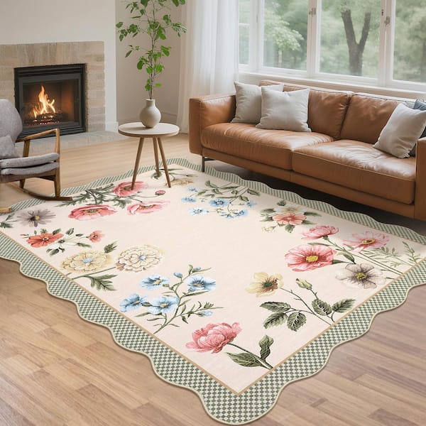 Camel 5 ft. x 7 ft. Floral Scalloped Rug Low Pile Non-Slip Polyester for Living Rooms and Bedrooms
