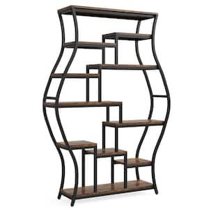 Eulas 70.9 in. Tall Brown and Black Wood 11-Shelf Staggered Bookcase, 6-Tier Display Shelves for Living Room