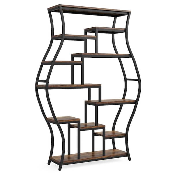 BYBLIGHT Eulas 70.9 in. Tall Brown and Black Engineered Wood 11-Shelf Staggered Bookcase, 6-Tier Display Shelves for Living Room