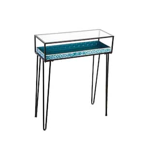 Teal Rectangle Metal and Glass Outdoor Accent Table