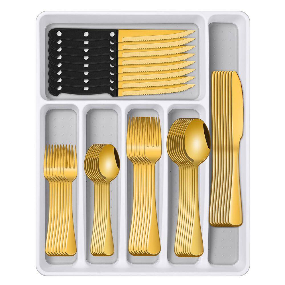 49 Piece Stainless Steel Flatware Set For 8 Mirror Polished Gold Edge Dinner Knife Fork Spoon Set with Organizer price history on PriceWatchPro