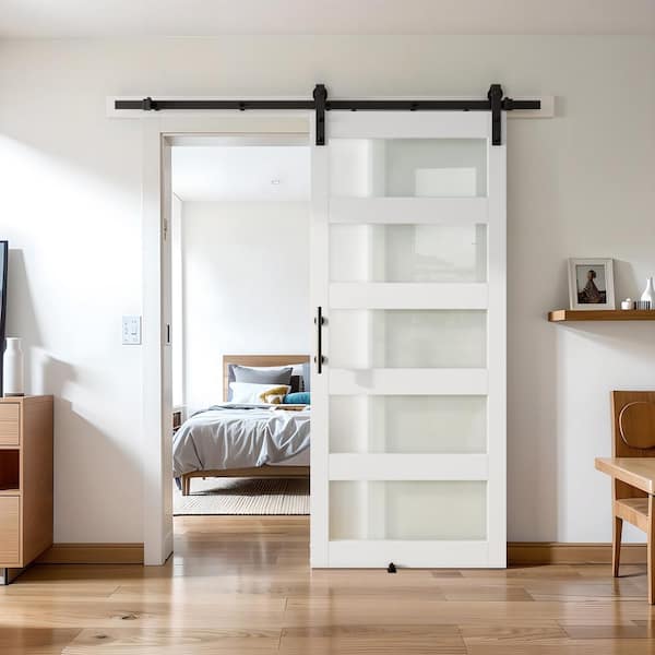 26 in. x 80 in. 5-Lite Frosted Glass White Finished MDF Sliding Barn Door with Hardware Kit