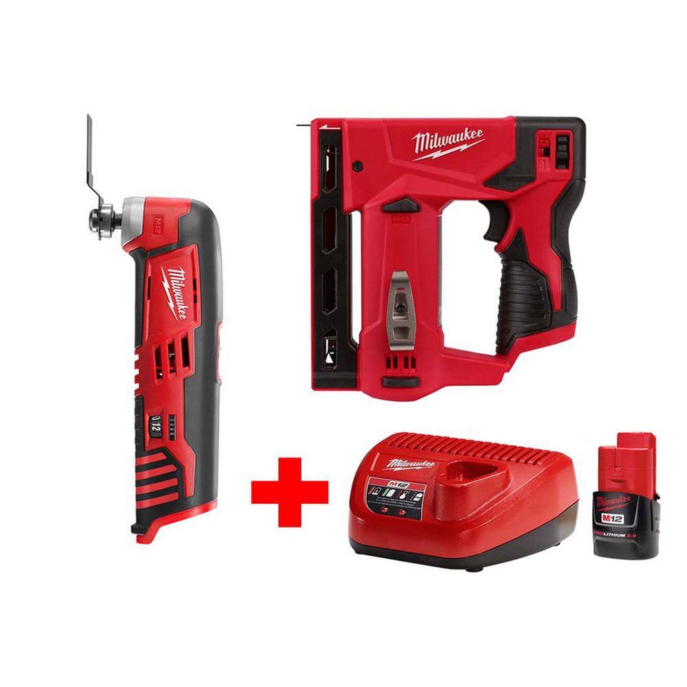 Milwaukee M12 12V Lithium-Ion Cordless 3/8 in. Crown Stapler and Oscillating Multi-Tool Combo Kit w/(1) 2.0Ah Battery and Charger -  2447-20-24LO