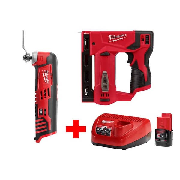 Milwaukee M12 12V Lithium-Ion Cordless 3/8 in. Crown Stapler and Oscillating Multi-Tool Combo Kit w/(1) 2.0Ah Battery and Charger