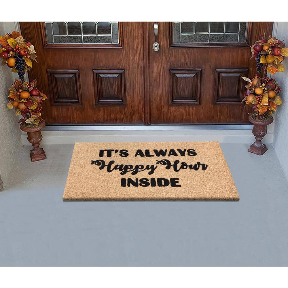 Happy Hour Black Natural Coir Outdoor Welcome Doormat, 24" x 36"