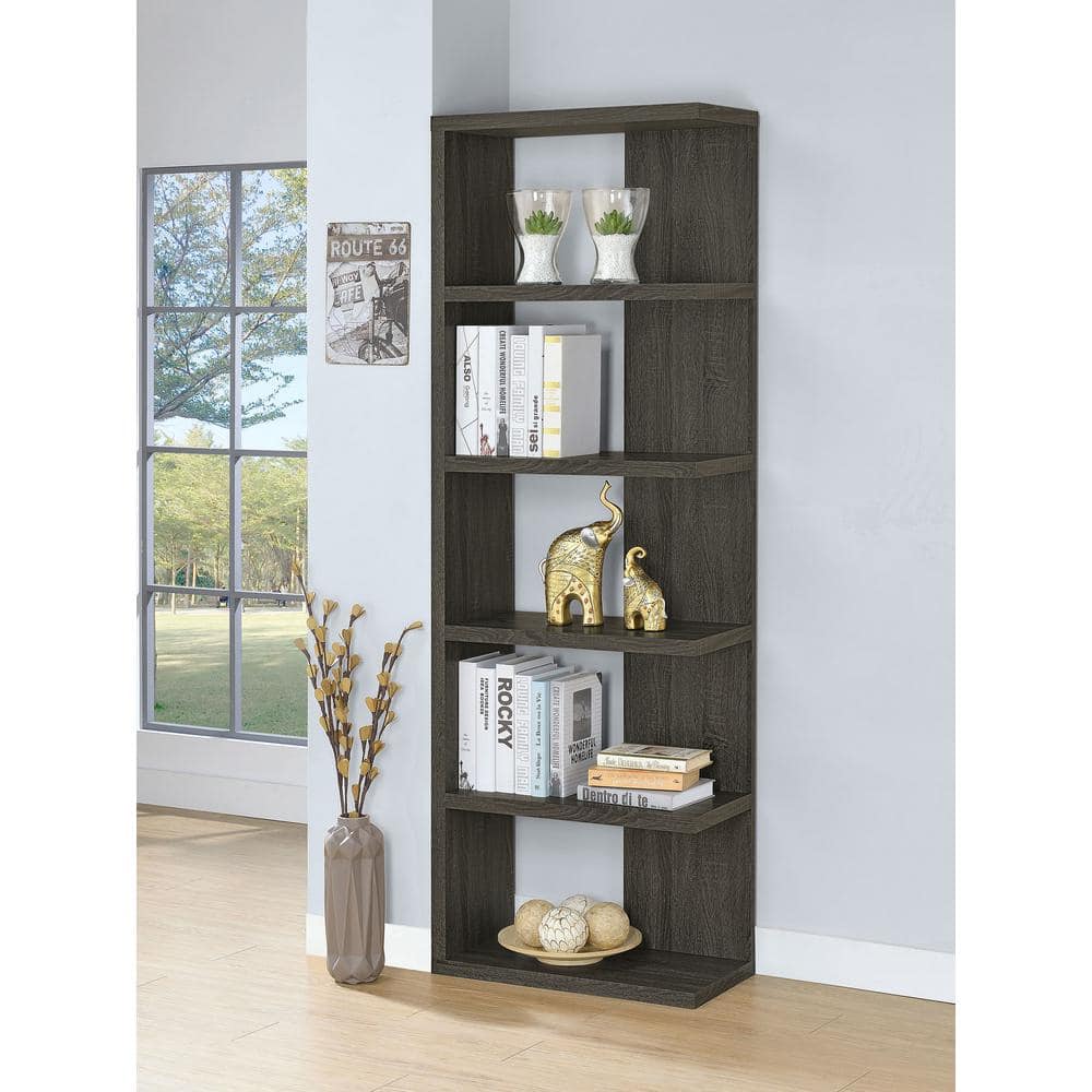 Transitional Weathered Gray 5-Tier Wood Bookcase