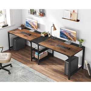 90.55 in. Rectangular Black and Brown 2 Person Desk with Storage Shelves, Double Computer Desk with Spacious Desktop