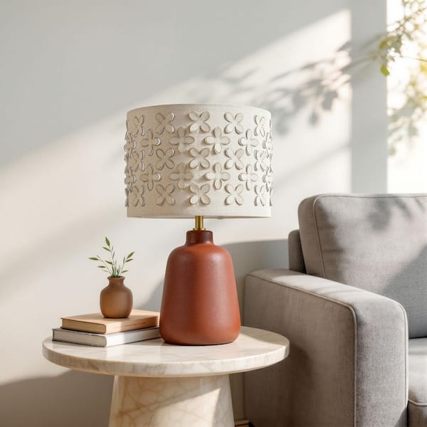 17.25 in. Modern Red Ceramic Table Lamp with Beige Linen Shade for Living Room and Bedside