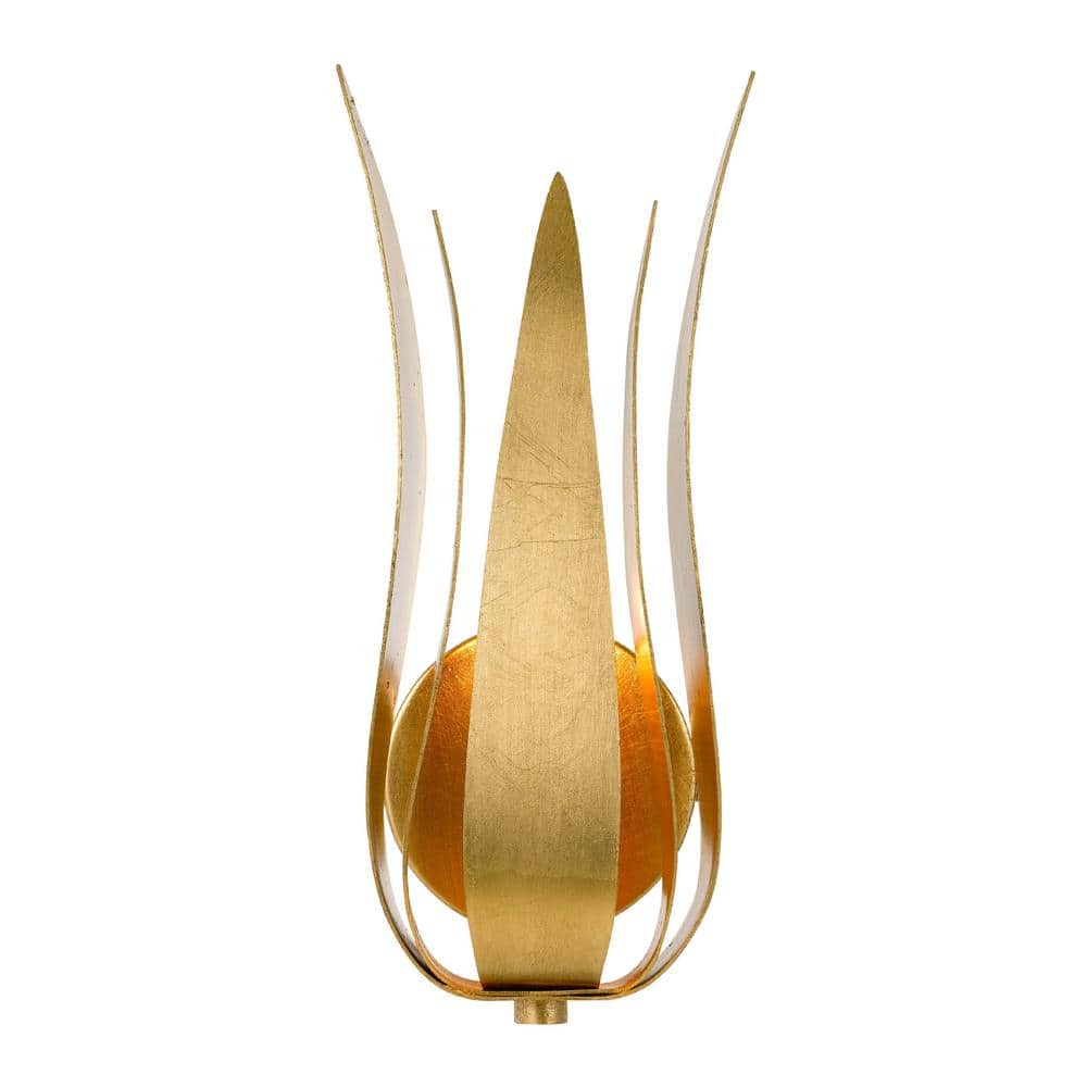 Antique Gold Dimmable 14" Steel Sconce with Wrought Iron Leaves