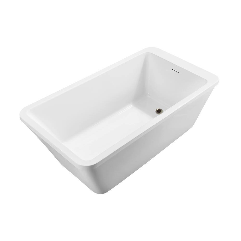 60'' White Acrylic Freestanding Soaking Bathtub with Brushed Nickel Drain