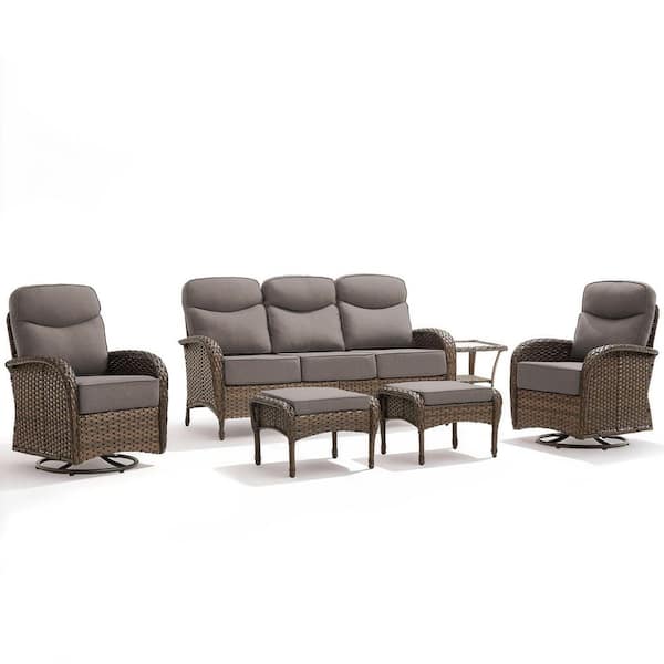 High Crescent 6-Piece Brown Wicker Patio Conversation Set with Gray Cushions