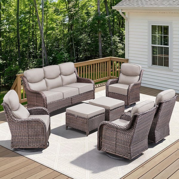 Arcadia Brown 7-Piece Wicker Patio Conversation Set with Swivel Gliders and 6 in. Thick Olefin Beige Cushions