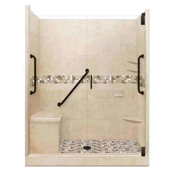 American Bath Factory Tuscany Freedom Grand Hinged 32 in. x 60 in. x 80 in. Center Drain Alcove Shower Kit in Brown Sugar and Old Bronze