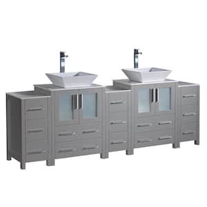 Torino 84 in. W Double Bath Vanity in Gray with Glass Stone Vanity Top in White with White Vessel Sinks