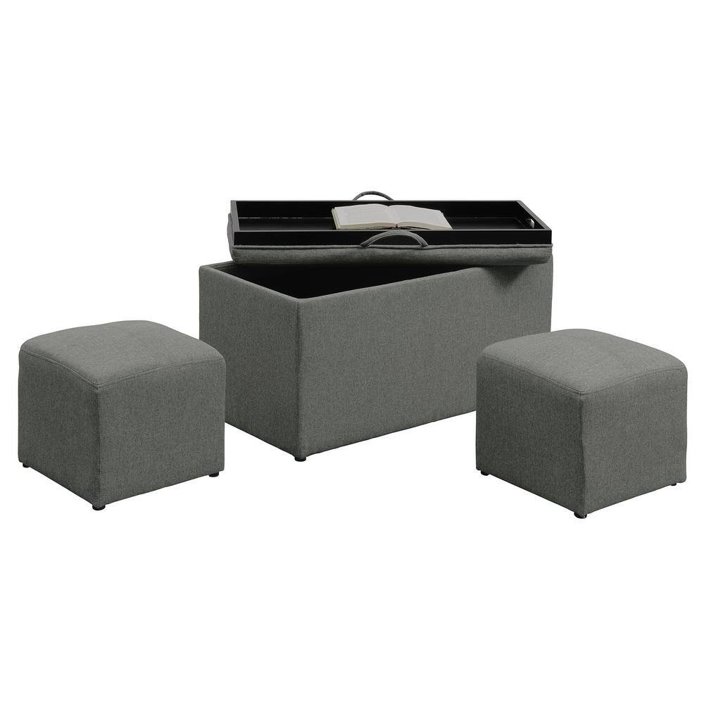 Elegant Gray Storage Bench with Reversible Tray and Side Ottomans