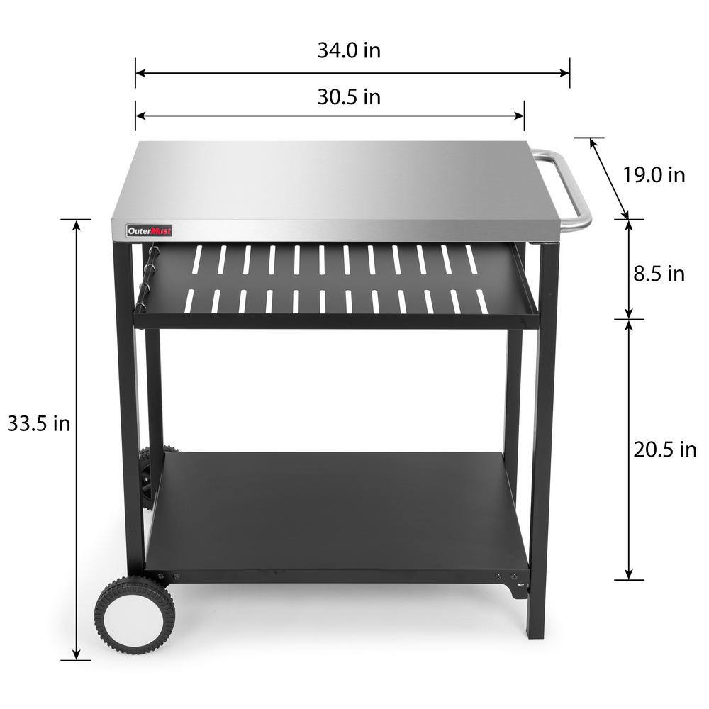 Stainless Steel and Black Triple-Shelf Outdoor Grill Cart