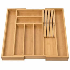 Expandable Bamboo Silverware Drawer Organizer with Removable Knife Block for Cutlery Flatware Organization