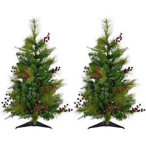 3 ft. Red Berry Mixed Pine Artificial Christmas Tree with Multi-Color LED Lights (Set of 2)
