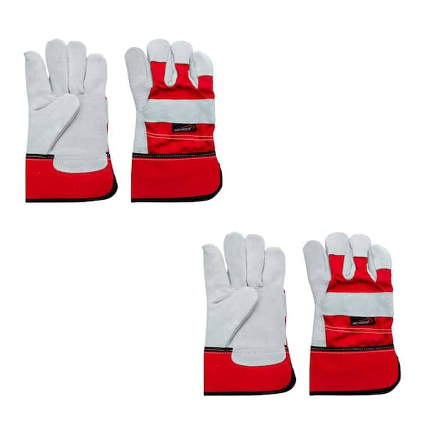 BISON LIFE Gray/Red, Deluxe Single Palm Split Leather Work Gloves, 3 in. Rubber Cuff, Inner Cotton Lining (2-Pairs)