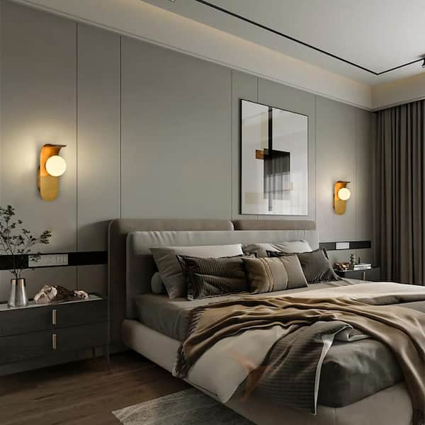 4.5 in. 1-Light Gold Curved Metal Plate Wall Sconce w/White Glass Shade