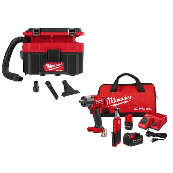M18 FUEL PACKOUT 2.5 Gal Wet/Dry Vacuum w/ M18 FUEL Mid Torque 1/2 in Impact Wrench & M12 FUEL 3/8 in Ratchet Combo Kit