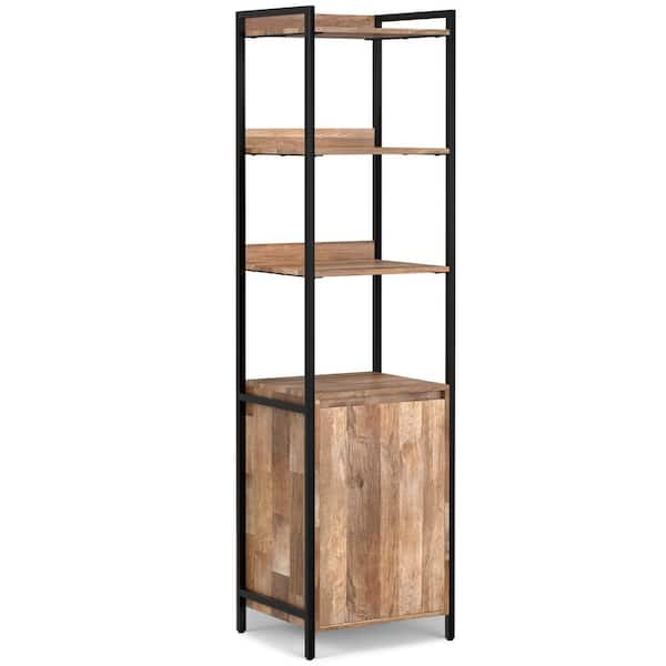 Simpli Home Kelsey 74 in. Tall Natural Solid Mango Wood Modern Industrial Narrow Bookshelf with Cabinet Bookcase