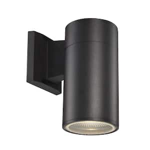Compact 8 in. Black Integrated LED Cylinder Outdoor Wall Light Fixture with Clear Glass