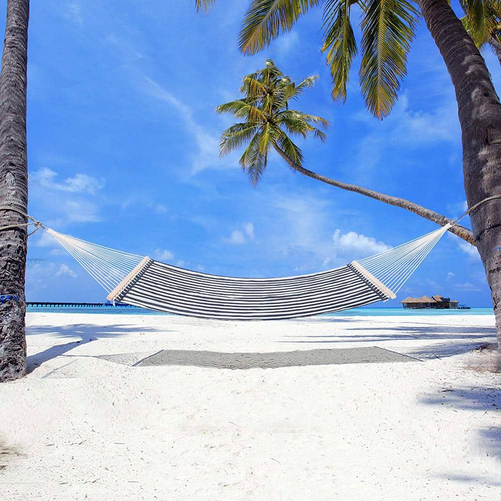 Blue and White Striped Polyester Double Hammock with Hardwood Spreader Bar