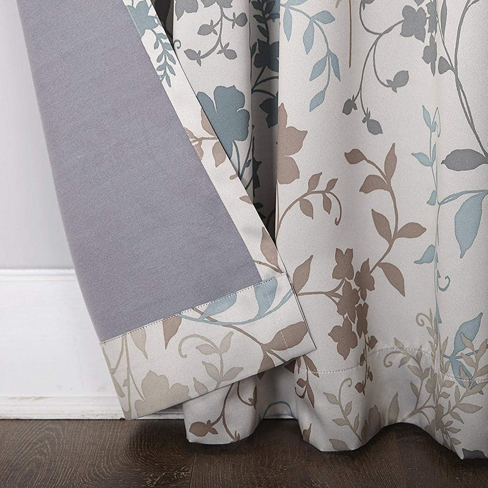 Gray Floral Print Room Darkening Rod Pocket Curtain Panel