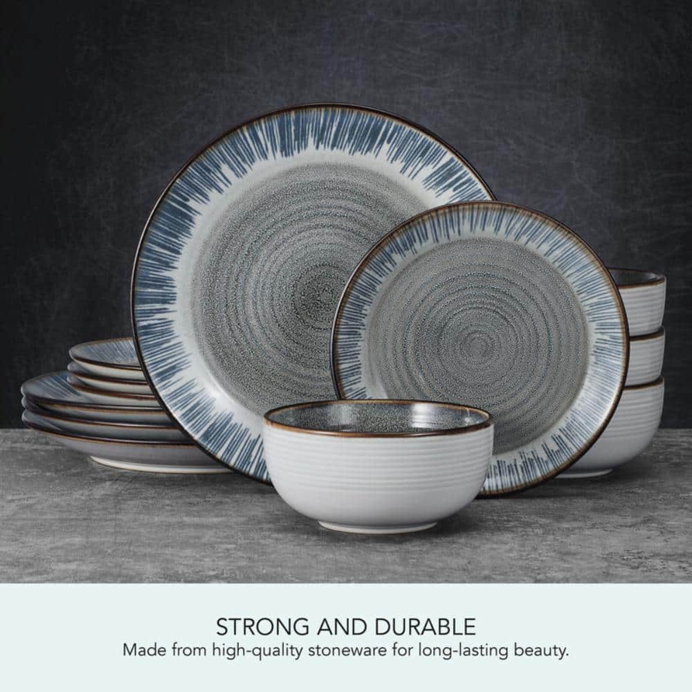 Rustic Gray and Blue Ceramic 12-Piece Dinnerware Set, Service for 4