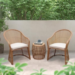 Natural 3-Piece Wicker Outdoor Patio Conversation Set with Beige Cushions