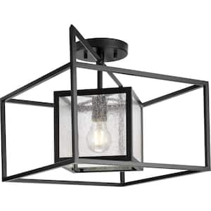 Navarre 19.87 in. One-Light Matte Black and Seeded Glass Indoor/Outdoor Close-to-Ceiling Light