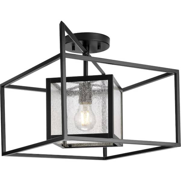 Progress Lighting Navarre 19.87 in. One-Light Matte Black and Seeded Glass Indoor/Outdoor Close-to-Ceiling Light