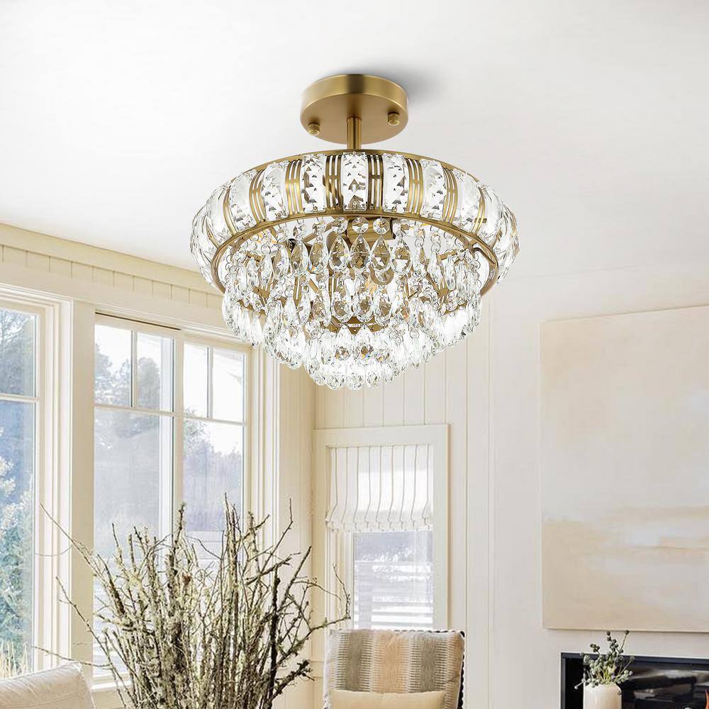 Gold Beaded Crystal 3-Light Semi Flush Mount Chandelier