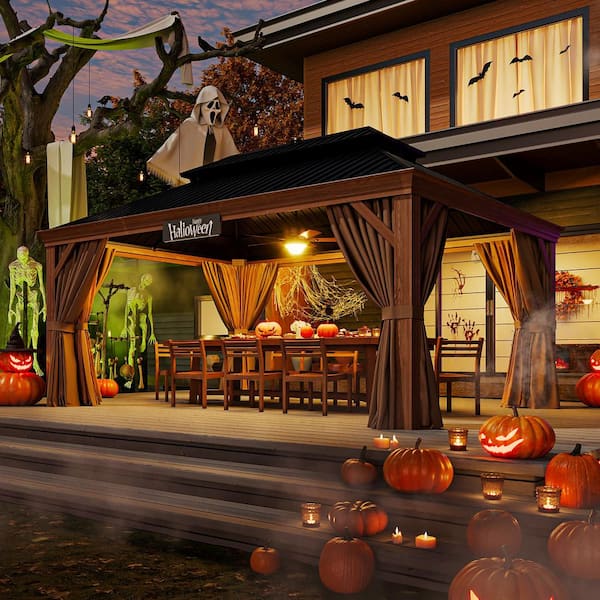 Sizzim 16 ft. x 12 ft. Wood Grain Double Galvanized Steel Roof Outdoor Gazebo with Ceiling Hook, Curtains and Netting