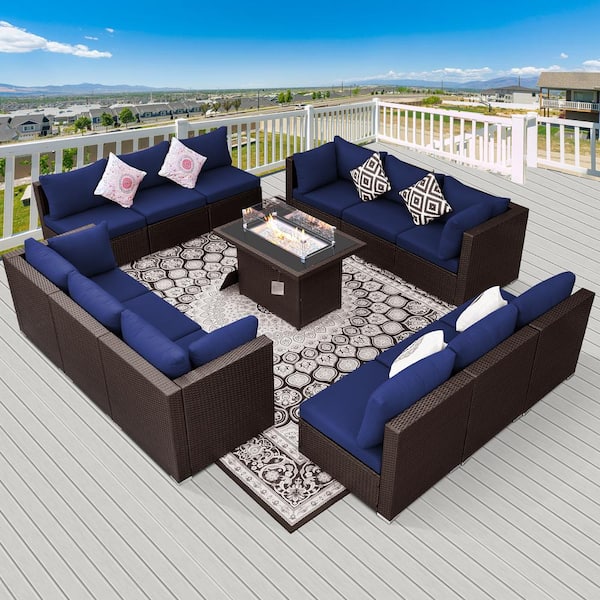 Modern Espresso 13-Piece PE Wicker Patio Fire Pit Sectional Seating Set with Navy Blue Cushions and 55,000 Firepit Table