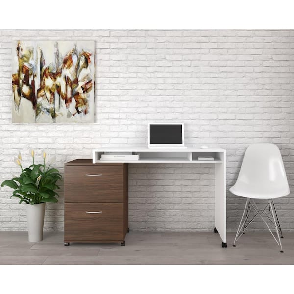 41 75 In White Rectangular 2 Drawer Computer Desk With Walnut Filing Cabinet 400936 The Home Depot