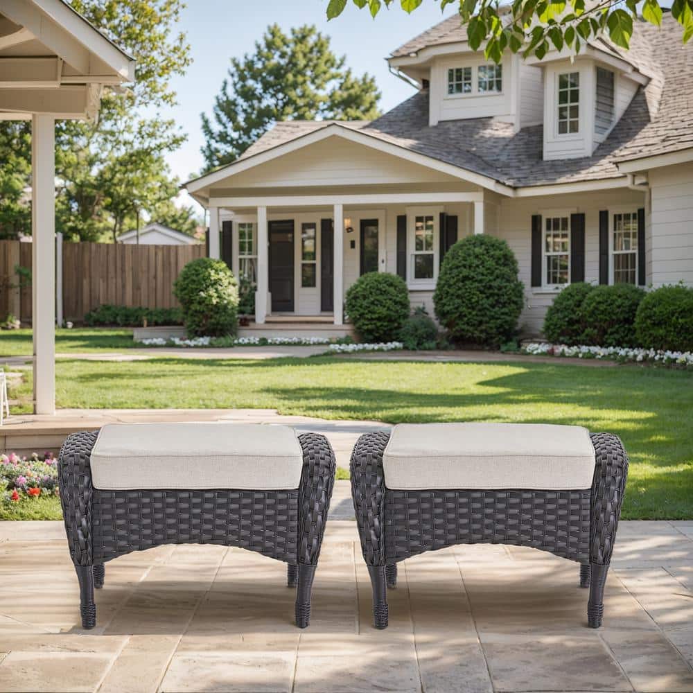 moosprr SleekArm Black Wicker Outdoor Ottoman with Beige Cushions for Patio Furniture PE Resin ...