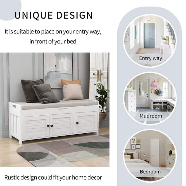 Harper & Bright Designs White Entryway Storage Bench, Dining Bench with Shutter-shaped Doors and Adjustable Shelf 43.5 in.