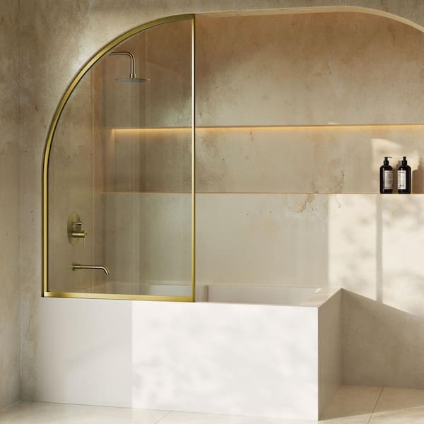 Demi 34 in. x 58 in. Framed Fixed 3/8 in. 10 mm Clear Tempered Glass Tub Door with Gold Brushed Frame