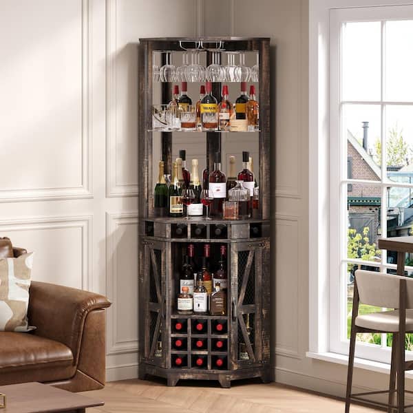 Walnut 72 in. Accent Storage Cabinet, Corner Bar & Wine Cabinet with Power Outlet, Mirrored Shelves, Lights & Glass Rack
