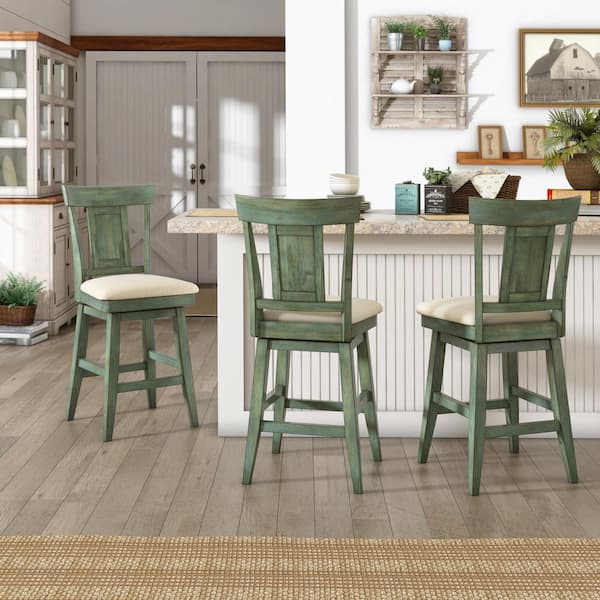 24 in. H Antique Sage Panel Back Swivel Chair with Beige Linen Seat
